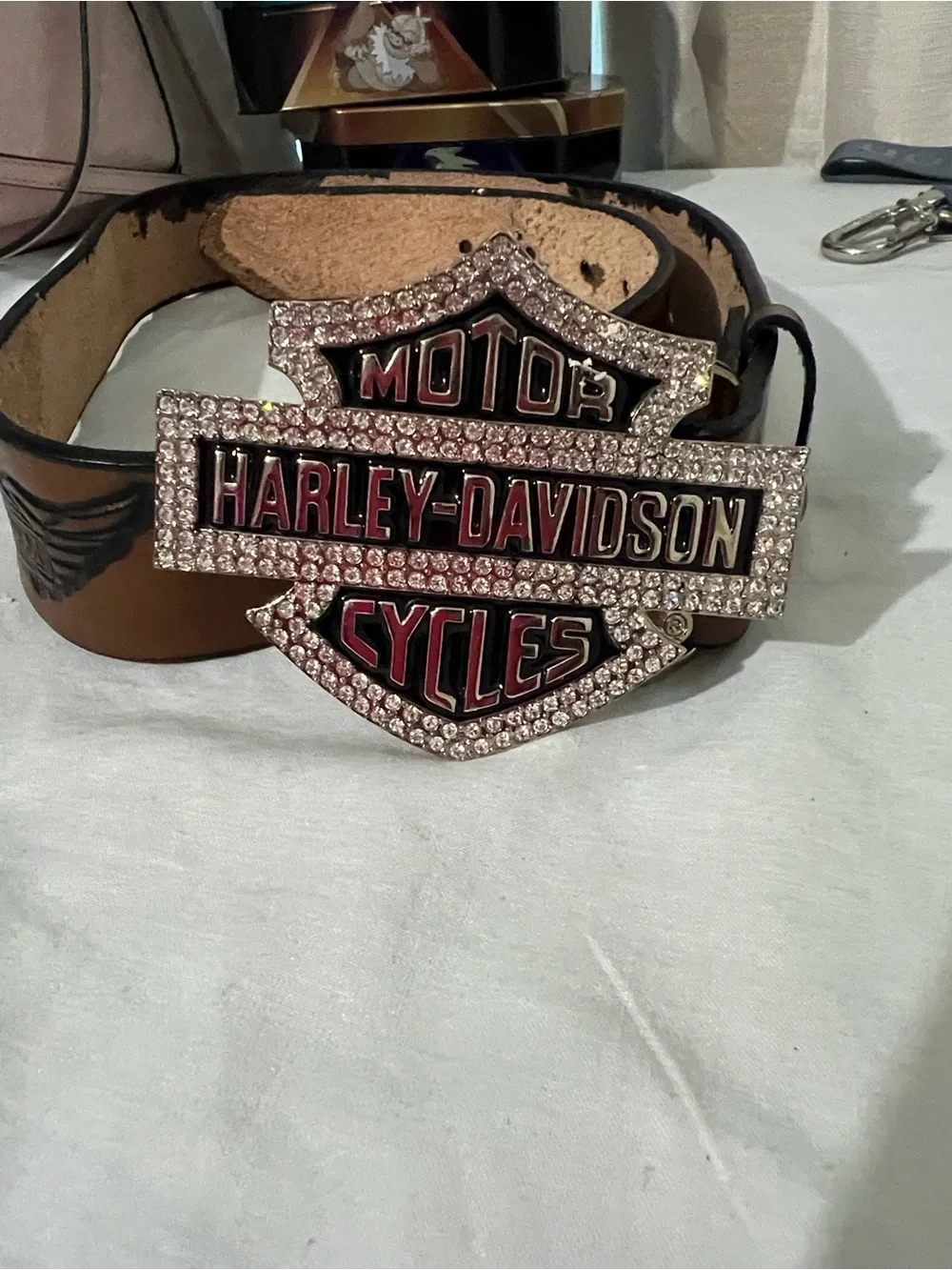Harley-Davidson Brown Leather Belt with Crystal-Encrusted Shield Buckle